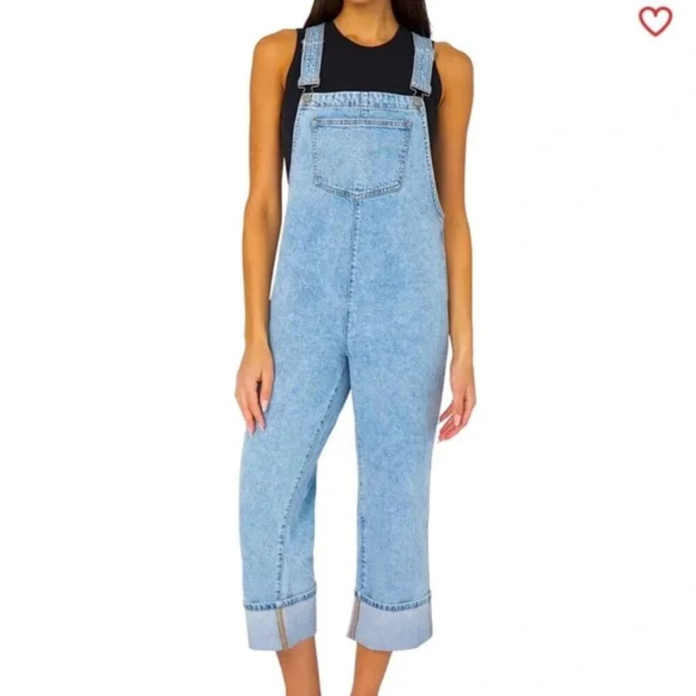 WeWoreWhat Culotte Indigo Denim Cuffed Overalls - Zia Light Rustic, Size S